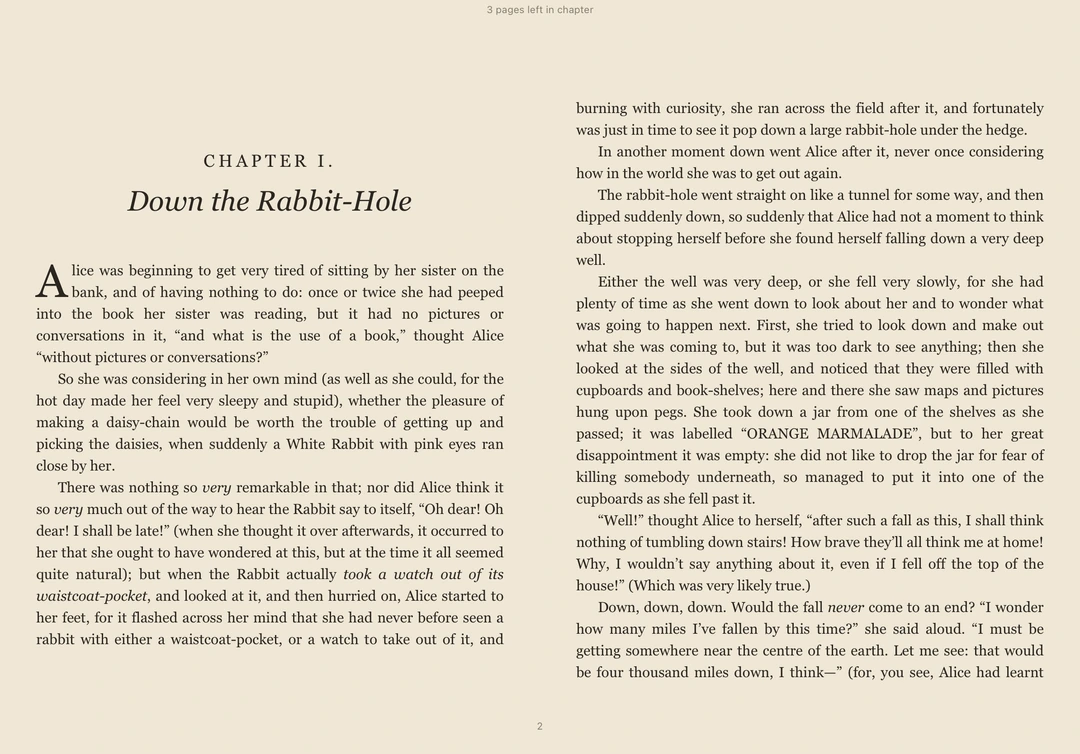 Two-page reading of Alice’s Adventures in Wonderland in Halfleaf’s English interface on a landscape iPad Pro.