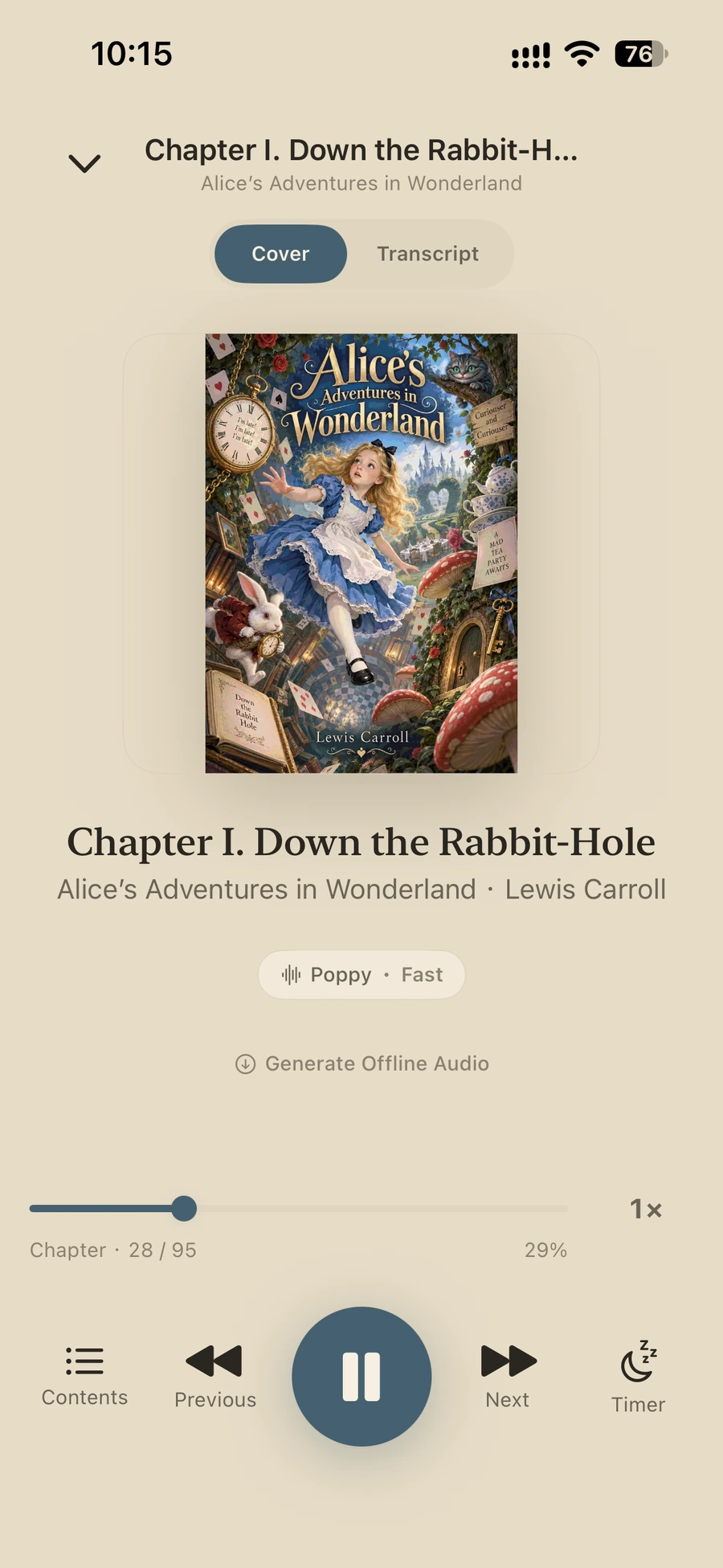 Halfleaf’s English audio player on iPhone 15 Pro, with Alice’s Adventures in Wonderland and Poppy · Fast selected.