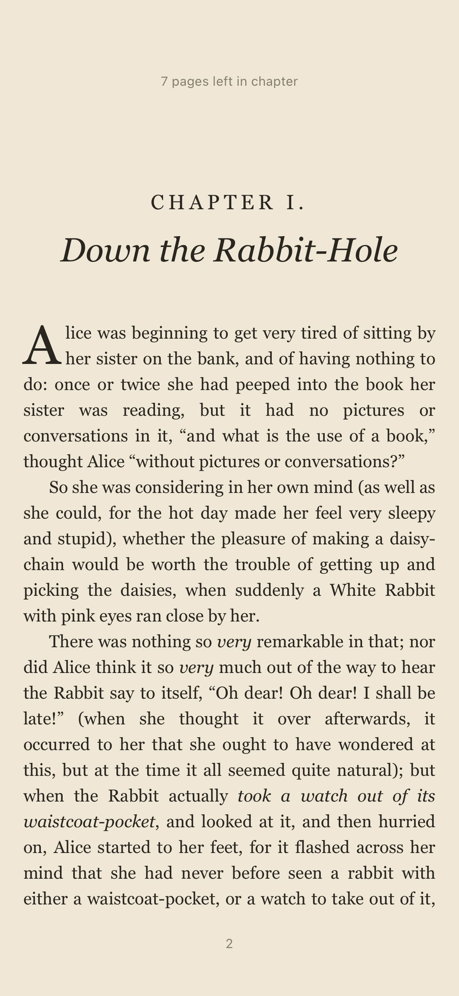 Reading Down the Rabbit-Hole from Alice’s Adventures in Wonderland in Halfleaf on iPhone 15 Pro.