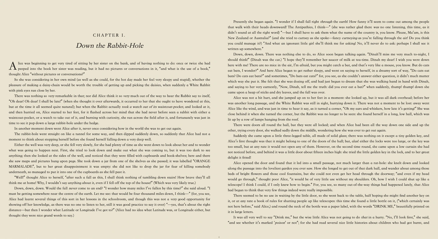 Full-screen, two-page reading of Alice’s Adventures in Wonderland in Halfleaf’s English interface on an Apple silicon Mac.