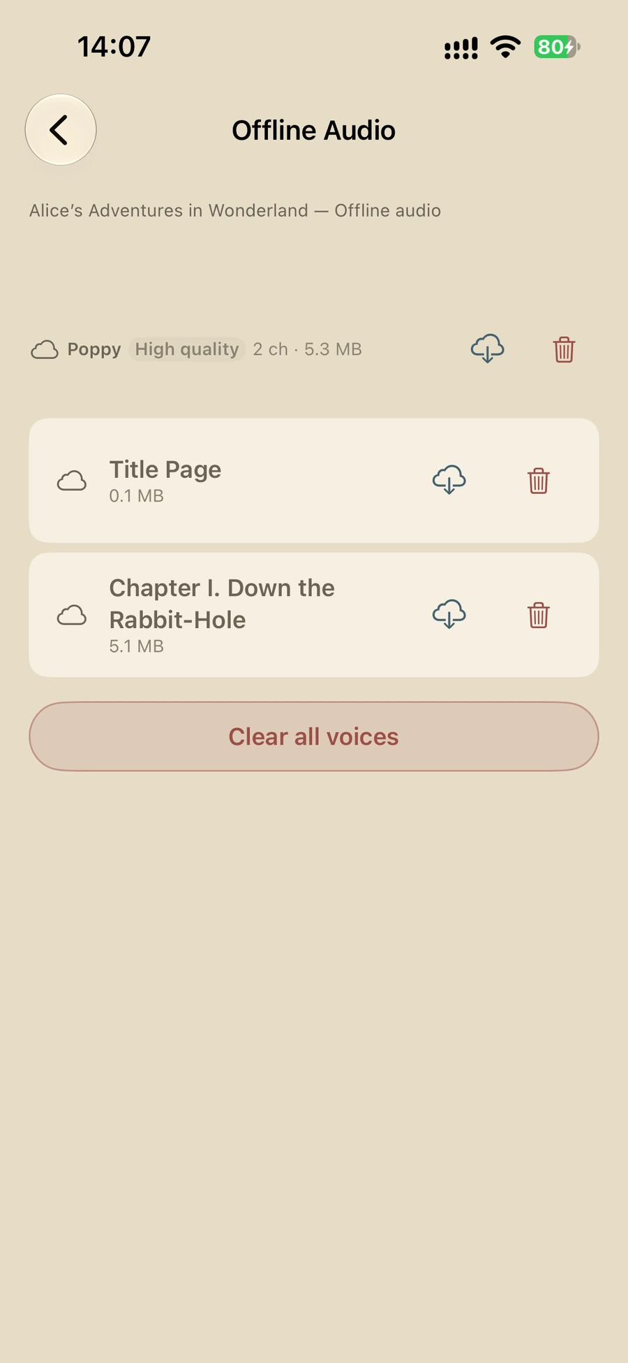 Offline Audio on iPhone: chapter audio ready to download from iCloud.