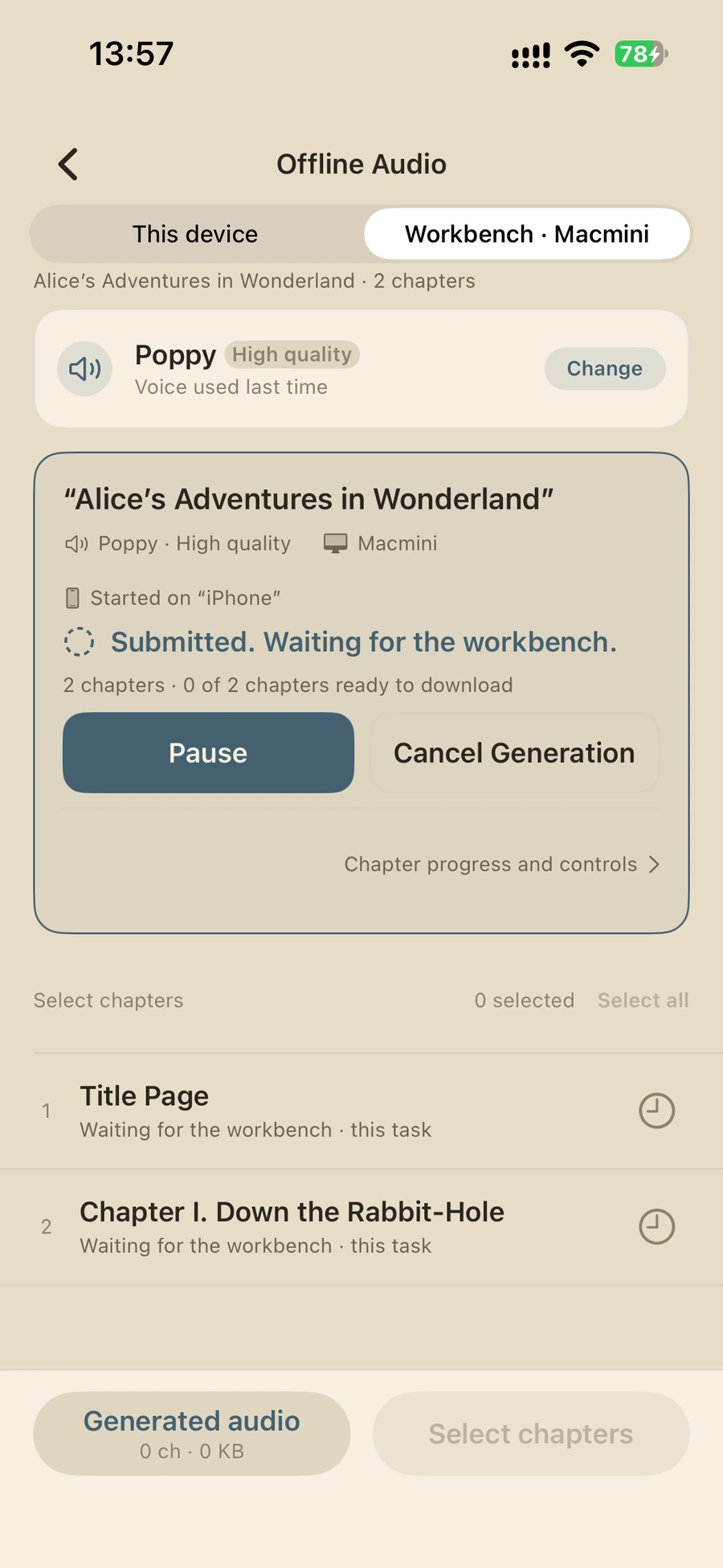 Offline Audio on iPhone, switched to Workbench · Macmini, showing “Submitted. Waiting for the workbench.”